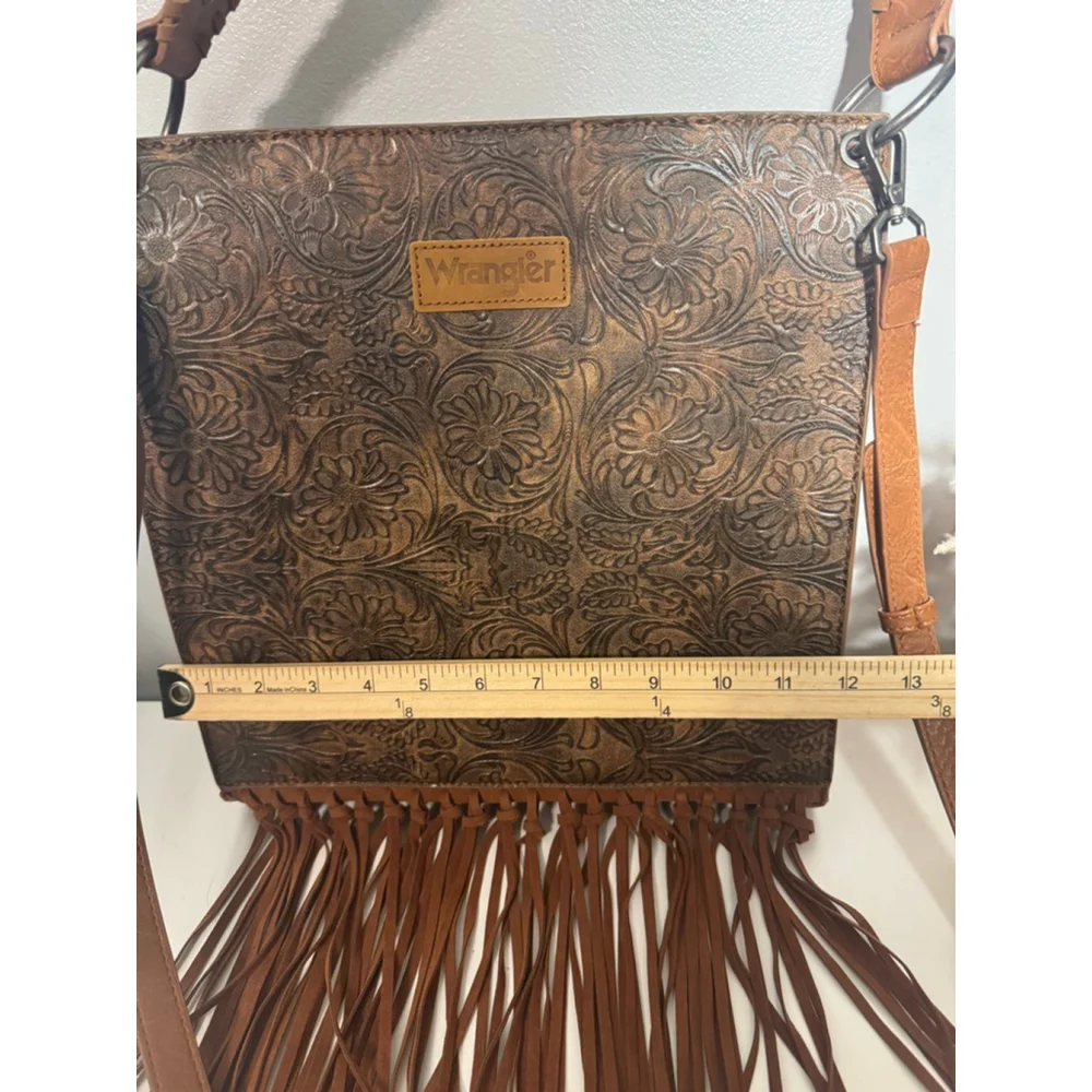 Wrangler Brown Floral Embossed Western Fringe Crossbody Shoulder Bag Cowgirl - Picture 5 of 11